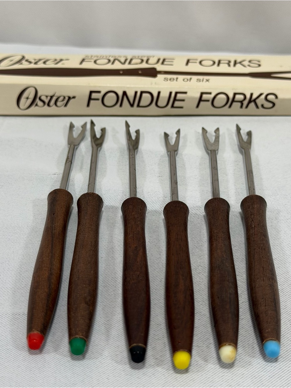 VTG Oster Fondue Forks Stainless Steel Wood Handles Color Coded Japan Set 6
